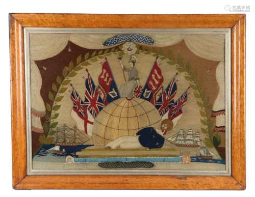 19th Century woolwork sailor's picture, with a globe to cent...