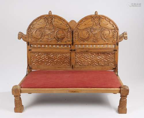 Rajasthani carved hardwood low bench, the dual arch carved b...