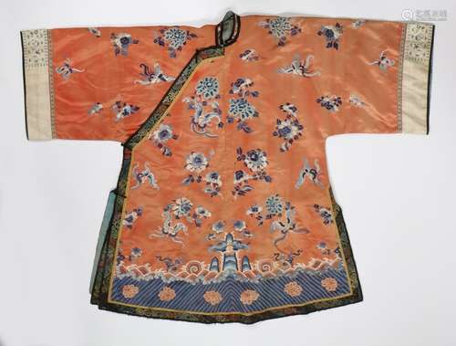 Chinese Qing Dynasty silk robe, (1644-1912) the red ground w...