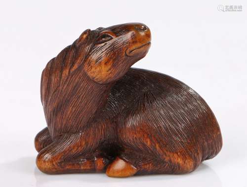 Japanese wood Netsuke of a horse, by Sari, Iwashiro Province...