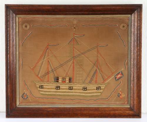 19th Century sailor's woolwork picture, depicting a three-ma...