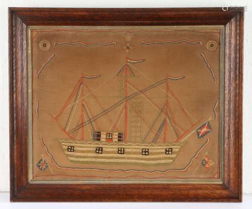 19th Century sailor's woolwork picture, depicting a three-ma...