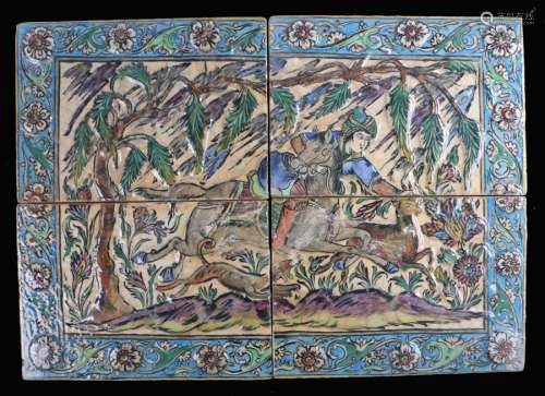 Large Persian moulded pottery tile, Qajar, with a figure on ...