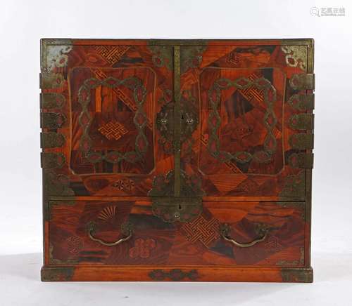 Japanese Meiji period scholars table top parquetry and brass...