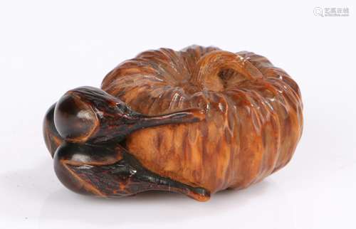 Japanese wood netsuke, Meiji period, carved as a pumpkin and...