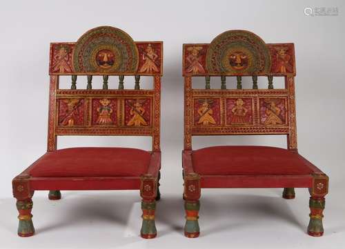 Pair of Rajasthani folding low chairs, with brightly polychr...