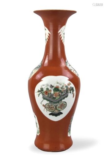 Chinese Coral Red Famille Rose Vase, 19th C.