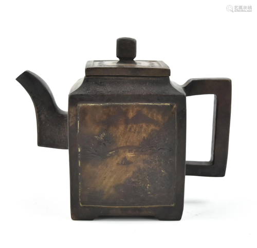 Chinese Squared Zisha Teapot w/ Landscape, Qing D.