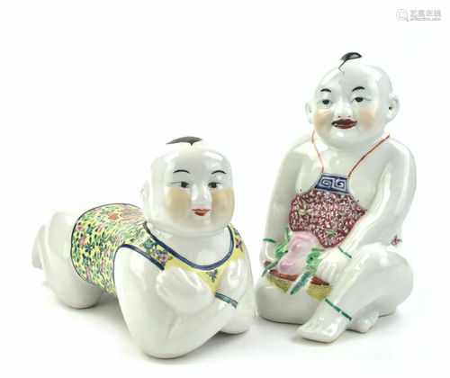 2 Chinese Famille Rose Porcelain Boy Figure