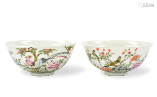Pair of Chinese Enamel Bowl w/ Birds Flower, ROC P
