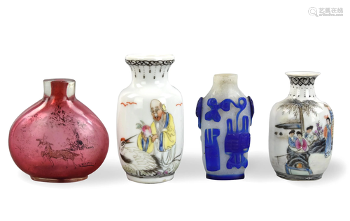 Group of 4 Porcelain & Glass Snuff Bottle,20th C.