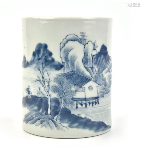 Chinese Blue & White Brushpot w/ Landscape