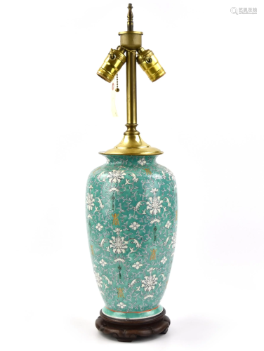 Chinese Famille Rose Lamp Vase w/ Scrolling Lotus