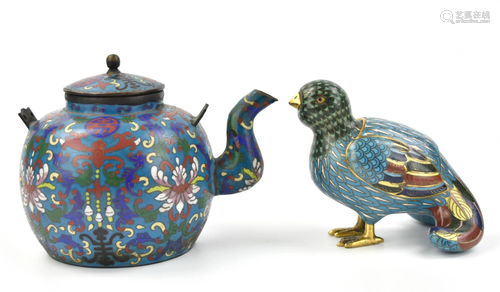 Group of 2 Chinese Cloisonne Bird & Teapot, Qing D