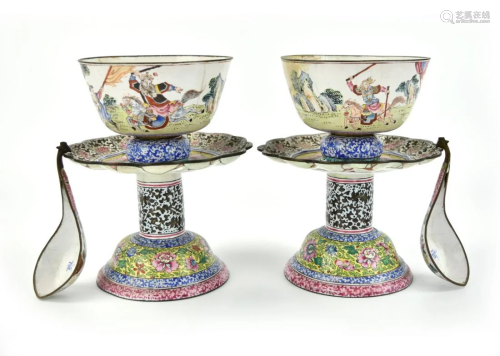 Pair Chinese Canton Enamel Stem Cup& Spoon,19th C.