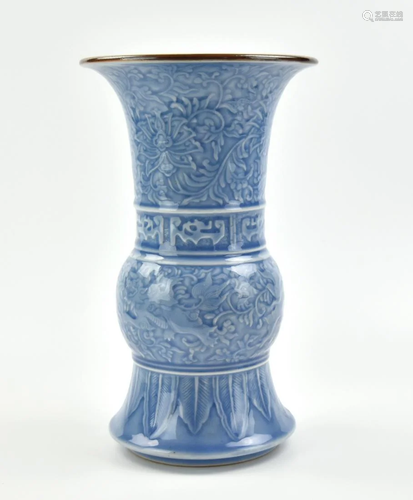 Chinese Blue Glazed Gu Vase w/ Archaic Decor, 19th