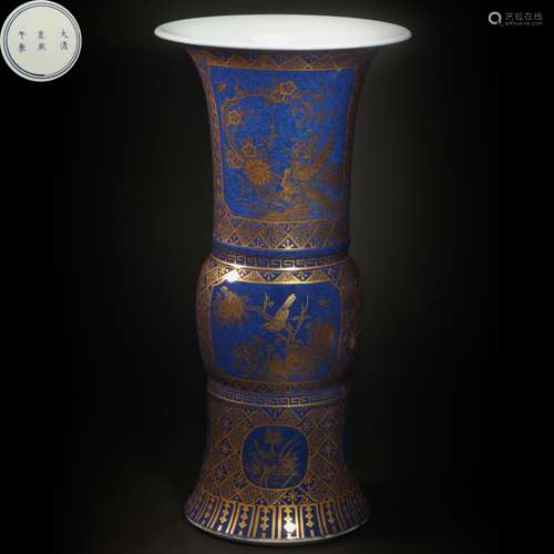 Blue Glazed Tracing Golden Vessel from Qing