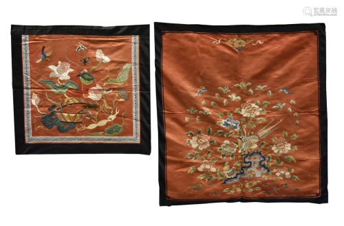 2 Chinese Embroidery w/ Lotus & Peony, Qing D.
