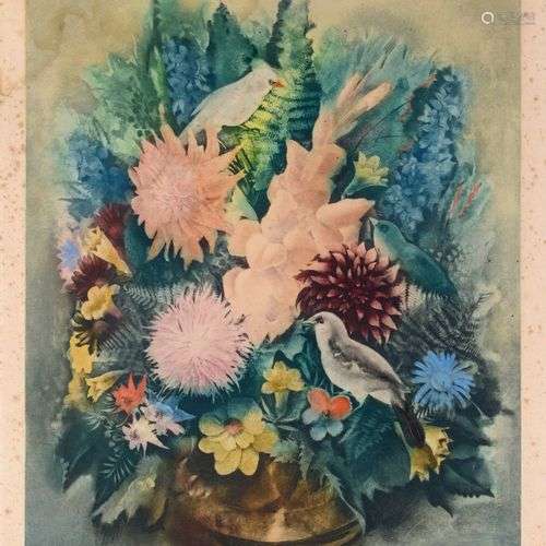 Mariette LYDIS (1894-1970), composition florale aux oiseaux,...