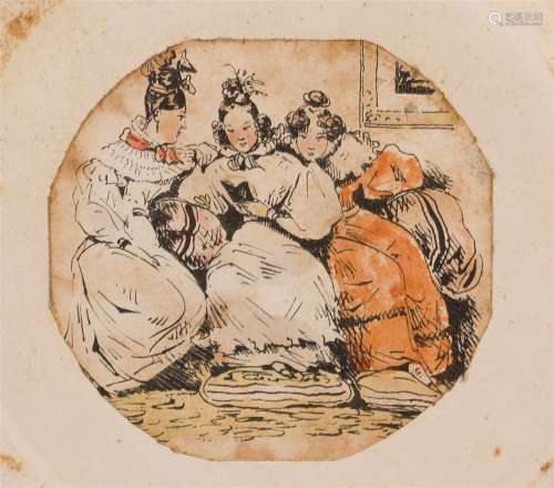 Dessin à la plume: Trois jeunes femmes assises Rehauts d'aqu...