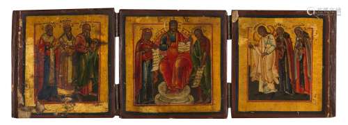 Peintures à sujets religieux sur fond or, composées en trois...
