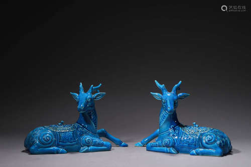 A Pair Of Peacock-Blue Glaze Deer-Form Incense Holders