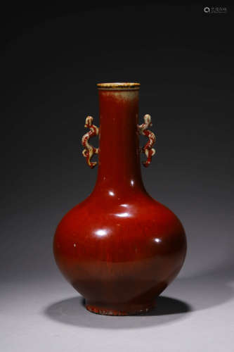 A Sacrificial Red-Glaze Double Dragon-Eared Bottle Vase