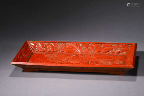 A Carved Cinnabar Lacquer Plantain Rectangular Tray, Probabl...