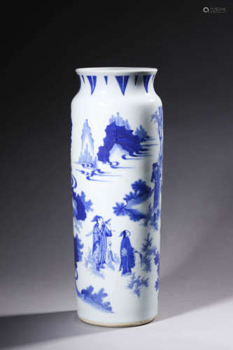 A Blue And White Figure Rouleau Vase