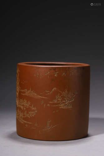 An Inscribed Purple Clay Landscape Brush Pot