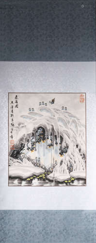 A Chinese Spring Sparrow Painting Scroll, Yu Zhixue Mark