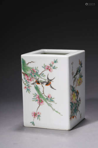 A Famille Rose Flowers And Birds Square Brush Pot