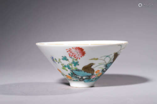 A Famille Rose Flowers And Birds Conical Bowl