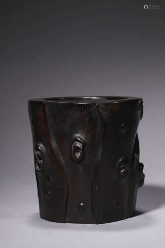 A Carved Burlwood Brush Pot