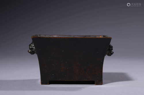 A Bronze Double Lion-Eared Manger-Form Incense Burner