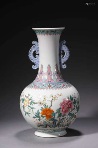 A Famille Rose Peony Double-Eared Globular Vase