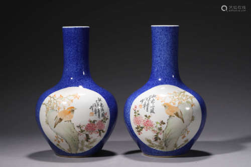 A Pair Of Inscribed Blue Glaze Flowers And Birds Tianqiuping