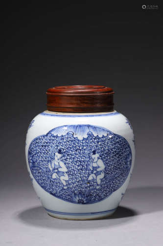 A Blue And White Children Ovoid Jar And Cover