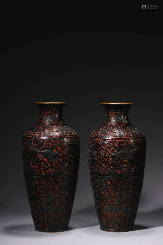 A Pair Of Carved Lacquer Carp And Flower Vases