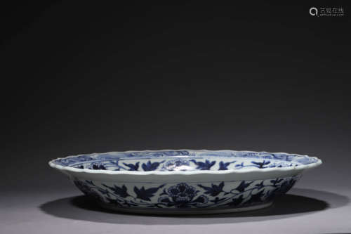 A Large Blue And White Figure Lobed Dish