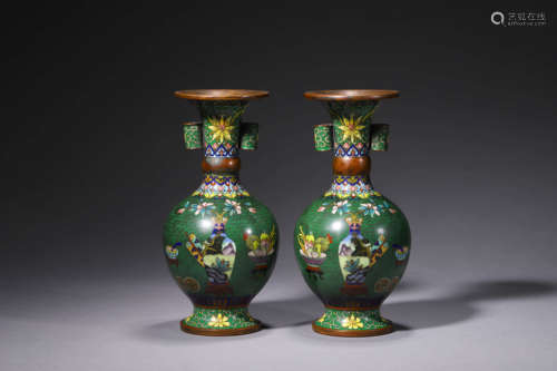 A Pair Of Cloisonne Enamel Eight Treasures Pierced Vases