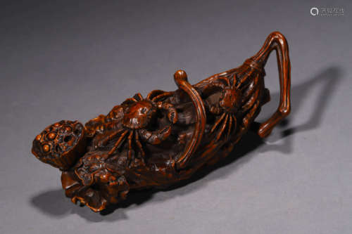 A Carved Boxwood Crab Group And Lotus Ornament