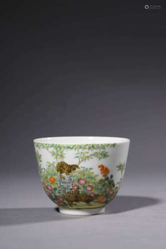 A Famille Rose Quails And Flowers Cup