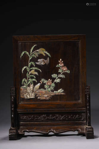 A Gems Inlaid Sandalwood Tablescreen