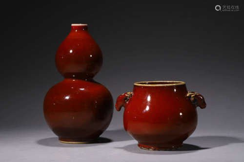 A Set Of Two Sacrificial Red-Glaze Deer-Shaped Vessel And Do...