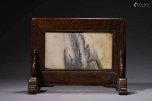 A Marble Stone Table Screen With Huanguhali Frame
