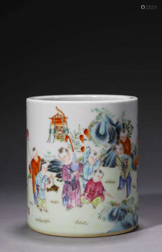 A Famille Rose Sixteen Children Brush Pot