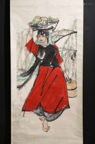 A Chinese Harvest Lady Painting, Shi Guoliang Mark