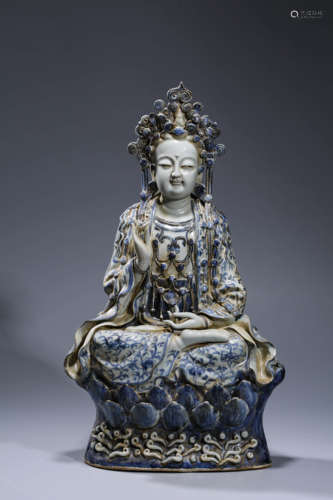 A Blue And White Pottery Guanyin Statue