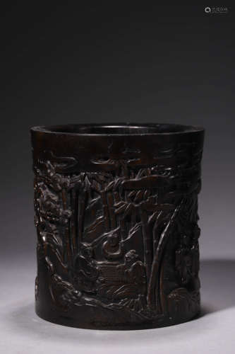 A Carved Sandalwood Figure And Scenery Brush Pot